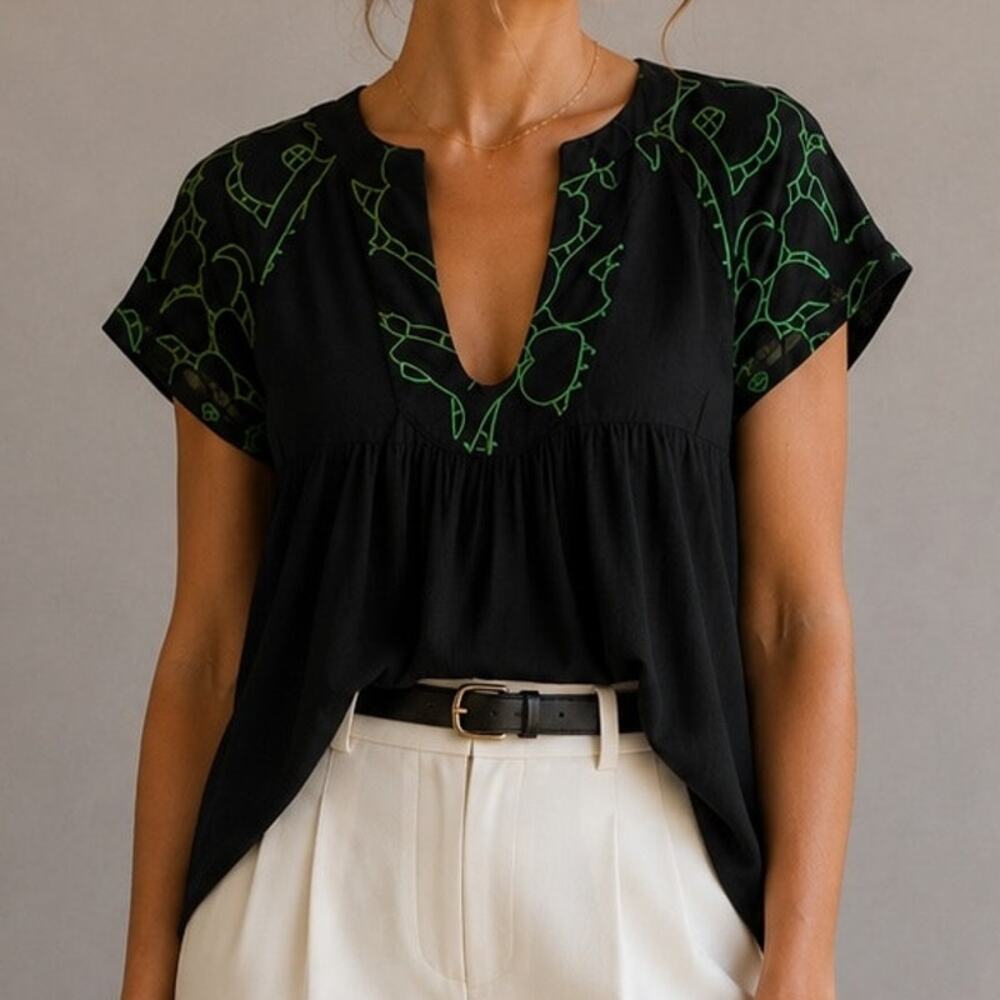 Tabitha Navy Green Short Sleeve Embroidered Pop Over Top 2